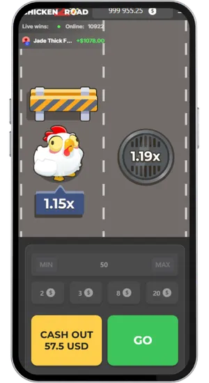 Ronda ativa do Chicken Road 2 com o botão de cash-out visível e multiplicador a crescer