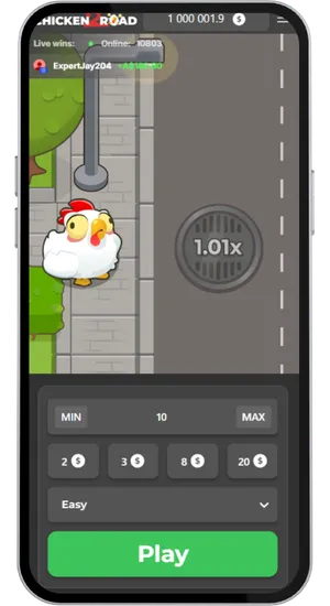 Chicken Road demo interface showing Easy mode selected with starting multiplier