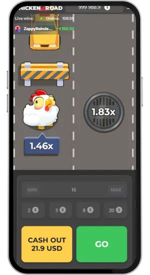 Gameplay a metà round di Chicken Road 2 che mostra il moltiplicatore in aumento mentre il pollo avanza