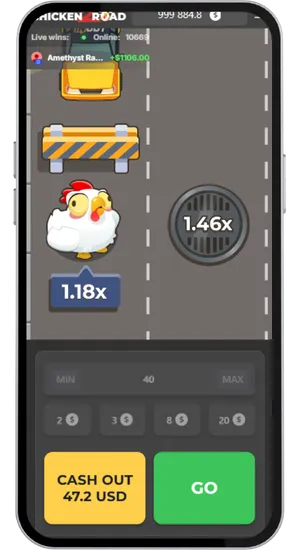 Gameplay en cours de tour de Chicken Road 2 montrant le multiplicateur progressant à mesure que le poulet avance