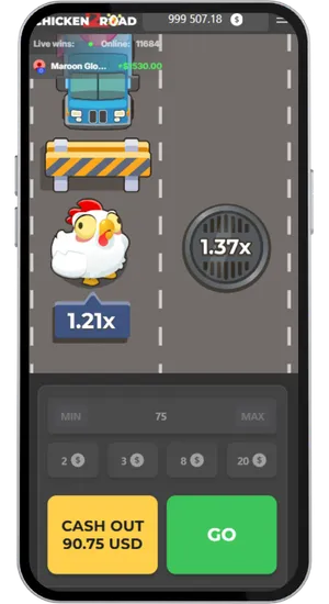 Chicken Road 2 gameplay halverwege de ronde met toenemende vermenigvuldiger terwijl de kip vordert