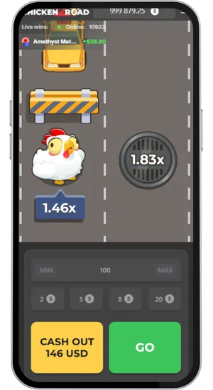 Jogabilidade a meio da ronda no Chicken Road 2 mostrando o multiplicador a aumentar enquanto a galinha avança