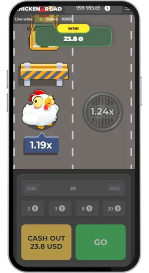 Chicken Road 2 Gameplay in der Rundenmitte mit steigendem Multiplikator beim Vorankommen des Huhns