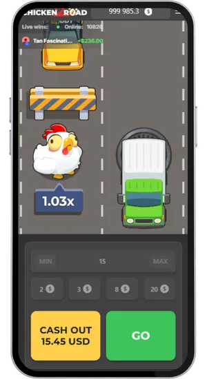 Round attivo di Chicken Road  con pulsante cash-out visibile e moltiplicatore in crescita
