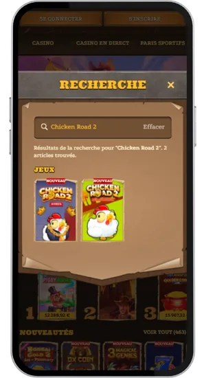 Recherche de Chicken Road 2 dans la bibliothèque du casino et sélection de l'option démo sans connexion